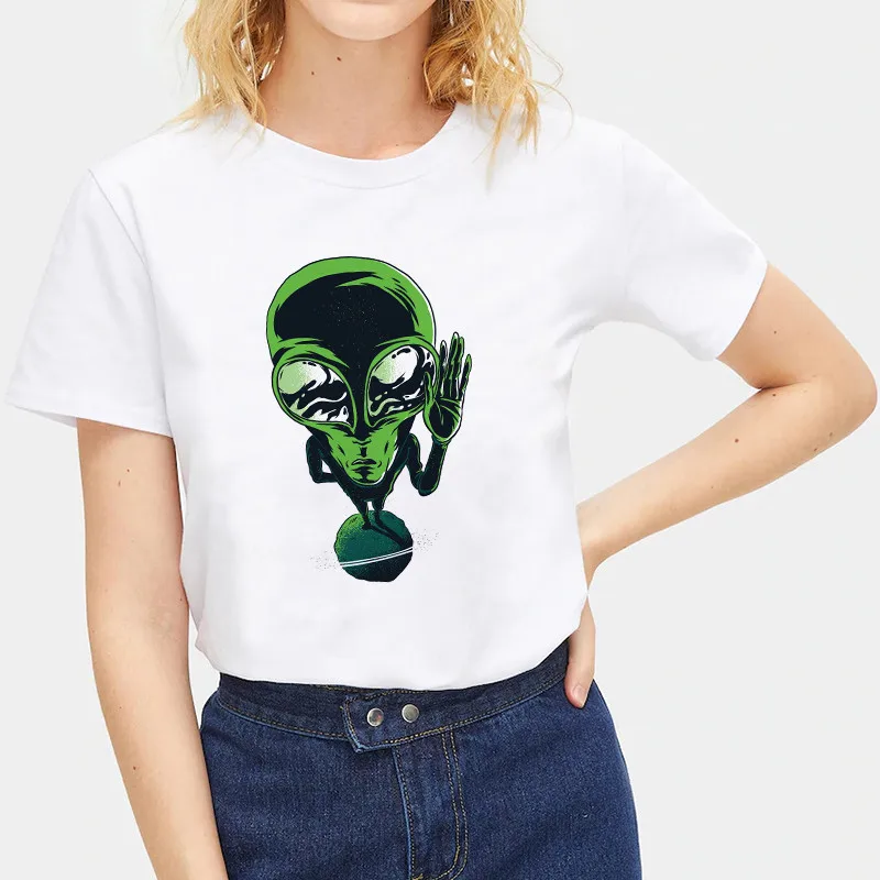 2019 модная женская футболка с принтом инопланетянина базовая Летняя топы
