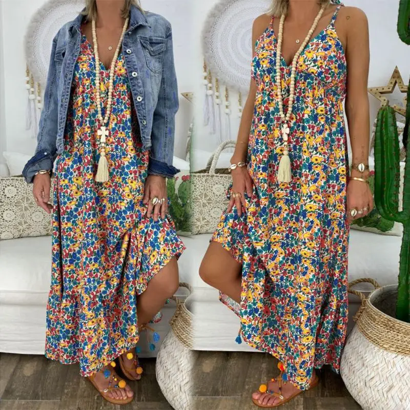 Платье женское в стиле бохо пляжный вечерний Сарафан Макси с цветочным принтом