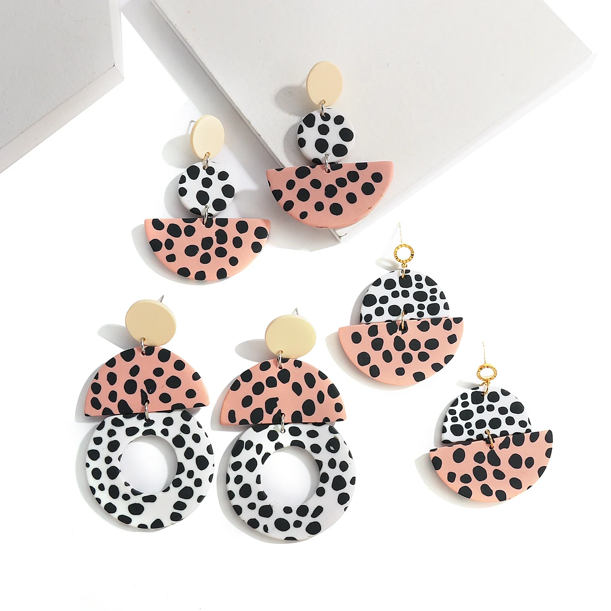 

AMORCOME Ethnic Handmade Geometric Semicircle Polymer Clay Drop Earrings For Women Animal Print Dots Dangle Earrings Jewelry