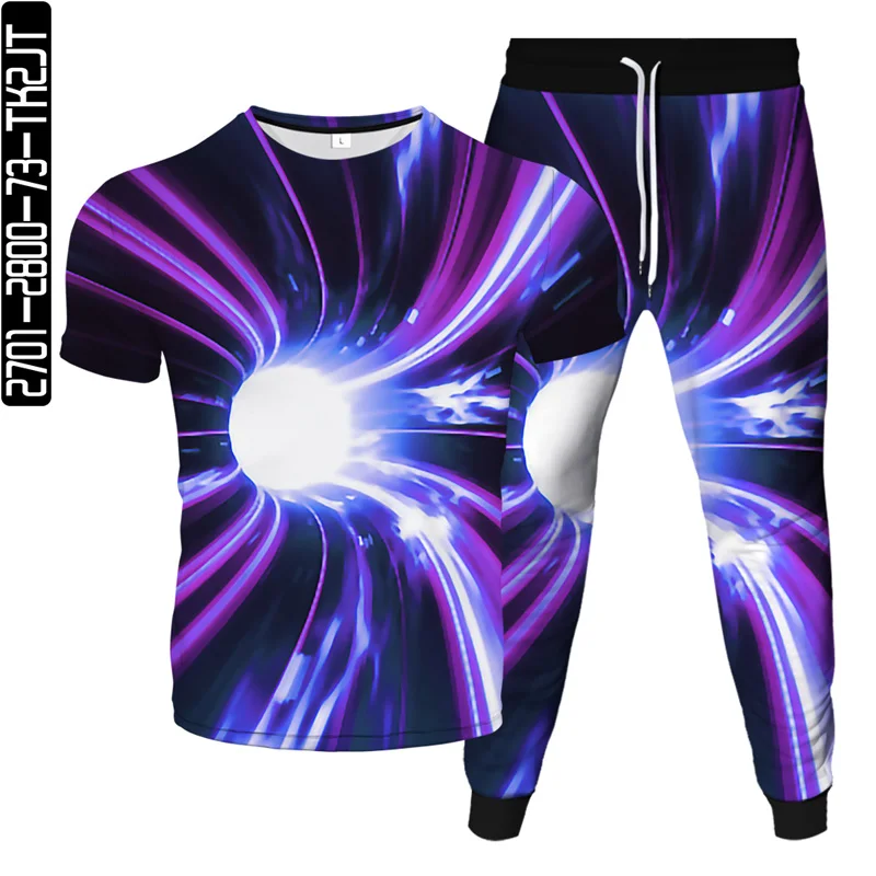 

2021 spring and summer brand casual T-shirt + sports pants two-piece 3D digital printing colorful vertigo element sports fitness