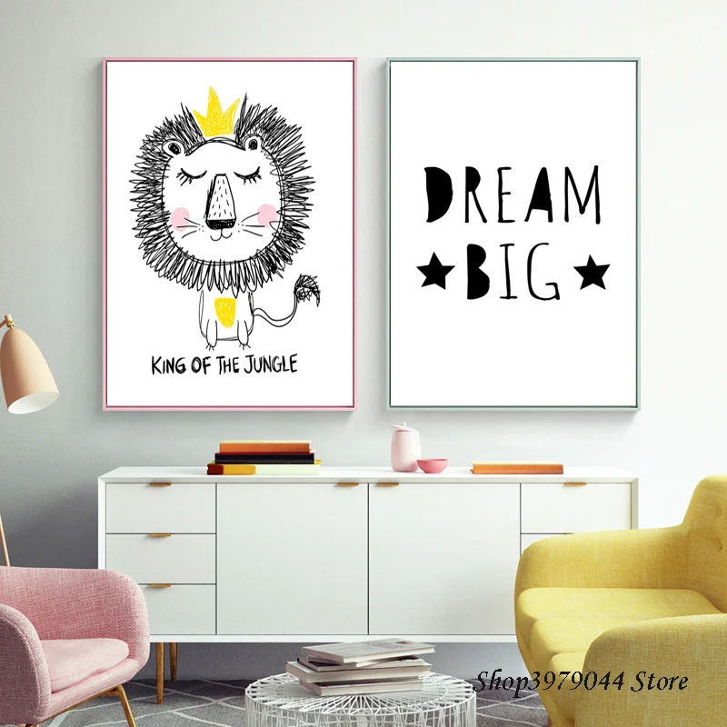 Мультяшный желтый плакат со львом холст художественная настенная живопись