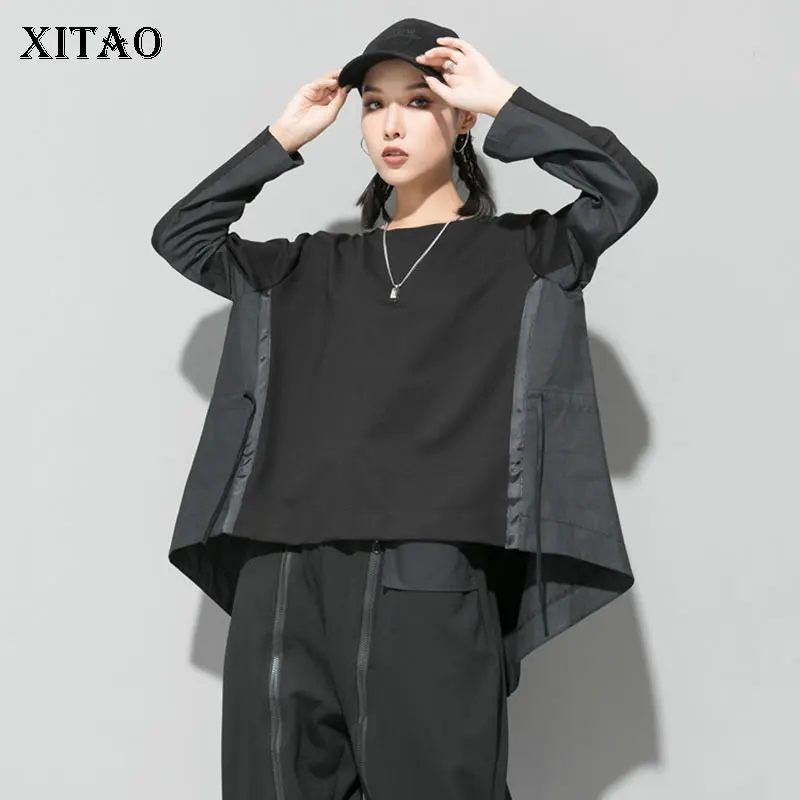 XITAO Плиссированное Платье-футляр Для женщин футболка модные осенний пуловер элегантный нерегулярные в стиле пэчворк черный маленький новинка, футболка Топ WLD2607