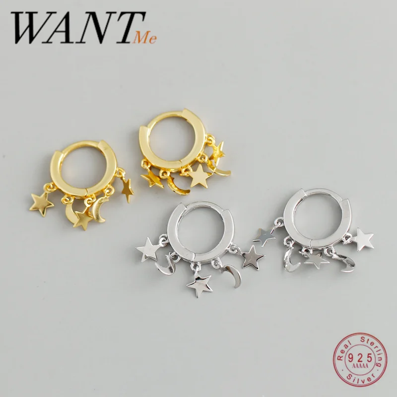 

WANTME Creative Bohemian Real 925 Sterling Silver Star Moon Tassel Stud Earrings for Trendy Women Punk Jewelry Charm Accessories