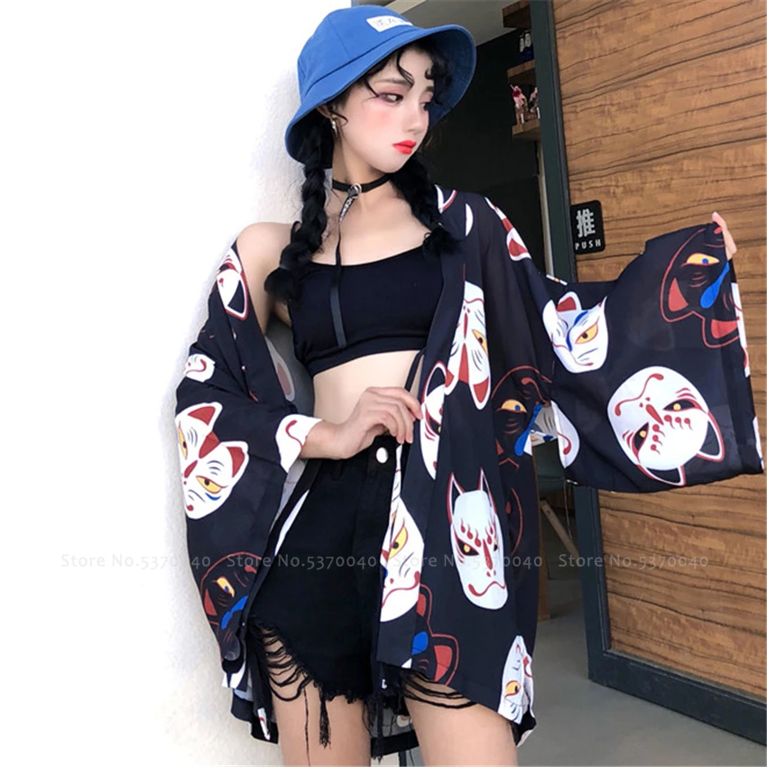 Женское кимоно-халат Haori летний кардиган в японском стиле с принтом кошки