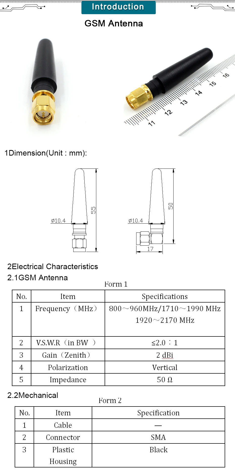 2 dBi Quad-Band 850/900/1800/1900 МГц SMA Мужской прямой 5 см gsm, gprs-антенна, резиновая gsm-антенна для SIM868