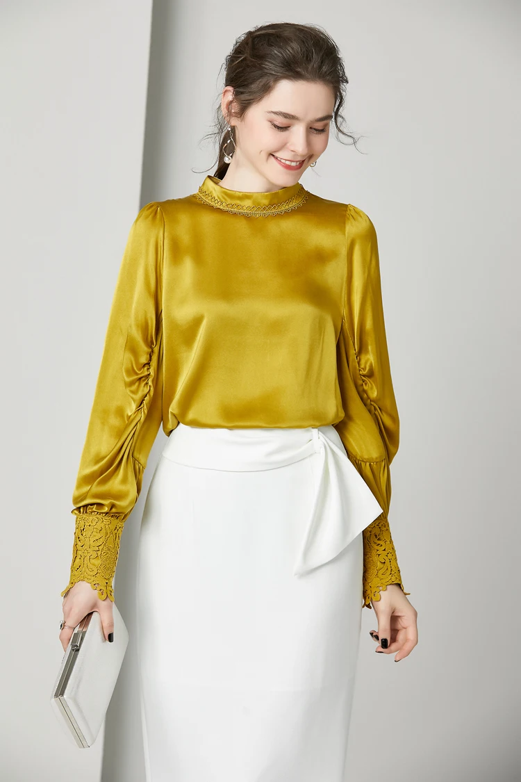 100% чистый шелк Женские Подиумные рубашки с круглым вырезом и длинными рукавами