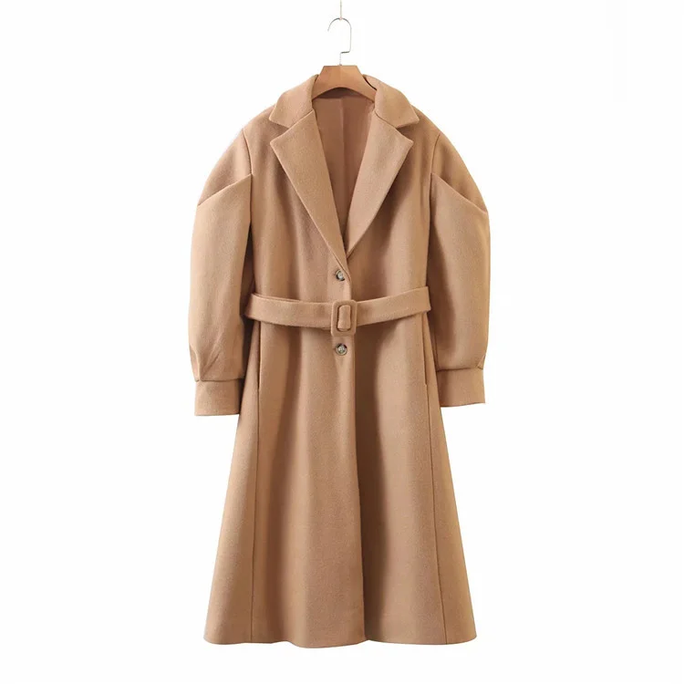 

Toppies 2021 Autumn Winter Woolen Coat Puff Sleeve Overcoat Women Single Breasted Belt Coat Female Windbreaker Streetwear