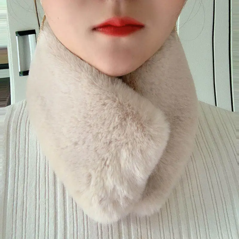 

Women Faux Rabbit Fur Ring Scarves Neck Warmer Solid Color Elastic Comfort False Collar Female Winter One Loop Scarf