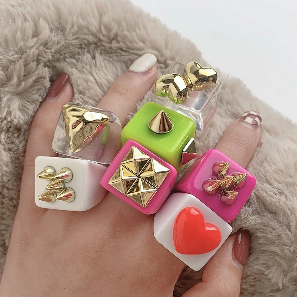 

3pcs New Fashion Multicolor Resin Acrylic Geometric Square Ring Set for Women Punk Gold Bead Rivet Metal Big Thick Rings Jewelry