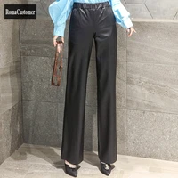 genuine leather pants womens cowhide loose wide leg pants korean elastic waist fashion casual female spring new straight pants