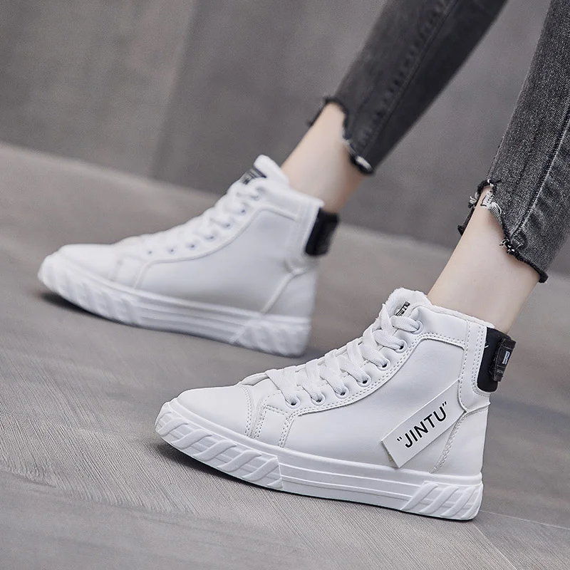 

High Top PU Leather Small White Shoes Female Autumn Winter Warm New Students Running Shoes Platform Casual Shoes Sneakers Woman