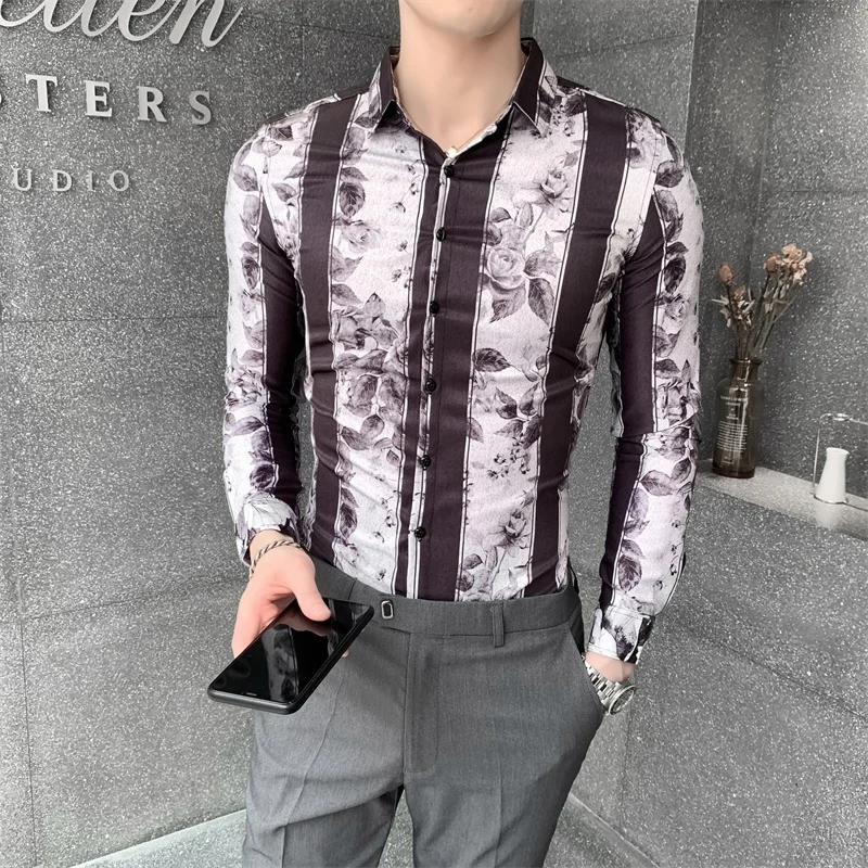 

Fashion 2020 Men Floral Shirts Casual Autumn New Long Sleeve Striped Shirts for Men Clothing Slim Fit Digital Print Blouse Men