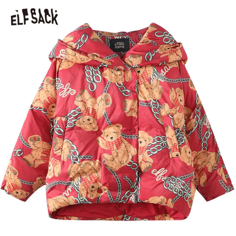 

ELFSACK Harajuku Bear Print Oversize 90% White Down Coat Women,2021 Winter ELF Zipper Korean Ladies Warmness Daily Outwear