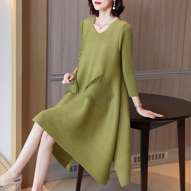 

Женское свободное платье Changpleat, свободное однотонное плиссированное платье мияка с длинными рукавами, модель 2021 года