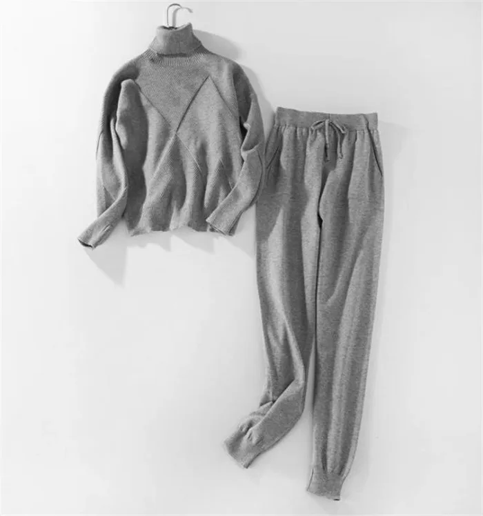 

2020 sweater knitted skirt set high collar casual women's sportswear two piece knitwear