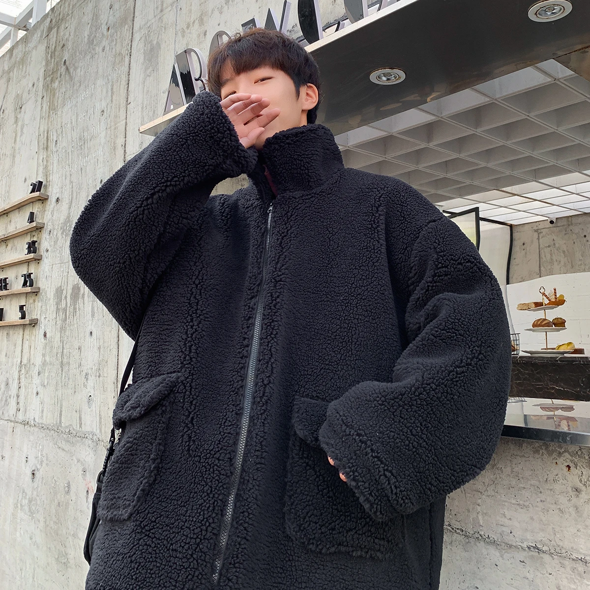 Winter Lamb Fur Jacket Men's Warm Thick Parka Men Fashion Solid Color Casual Coat Man Loose Cotton Jacket Male Clothes Overcoat - Цвет: black