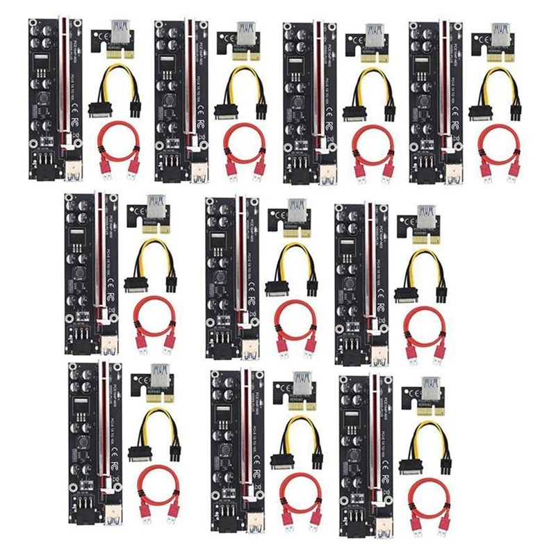 

10Pcs VER009S Plus PCI Express 1X to 16X Riser Card PCI-E Riser Card SATA 6Pin Power 0.6M USB 3.0 Cable for BTC Mining