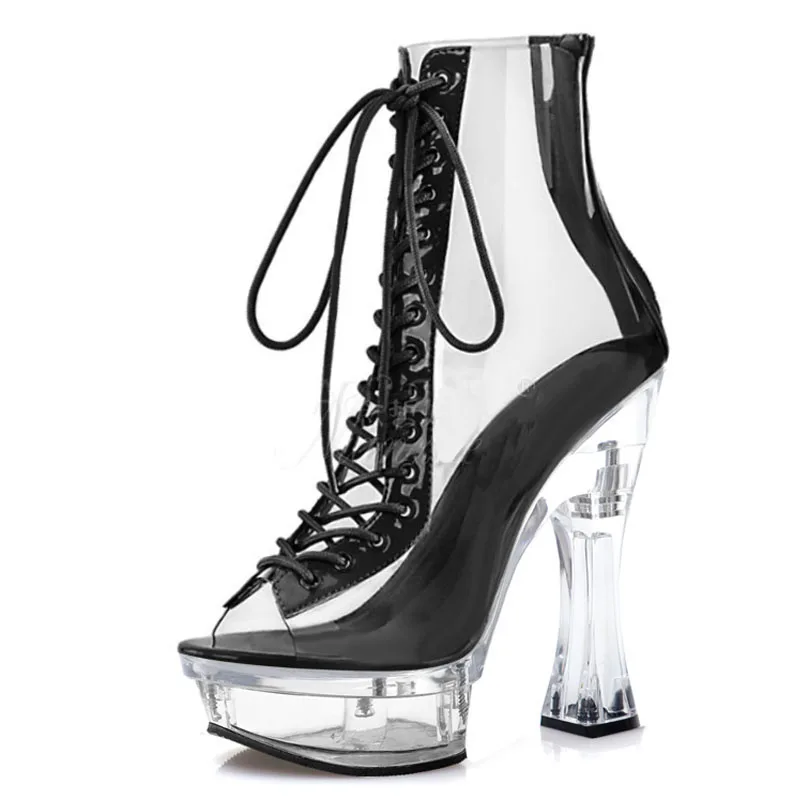 New Women Sexy Ankle Boots Fashion Transparent Platform Party Club Model Catwalk High Heels Pole Dancing Shoes