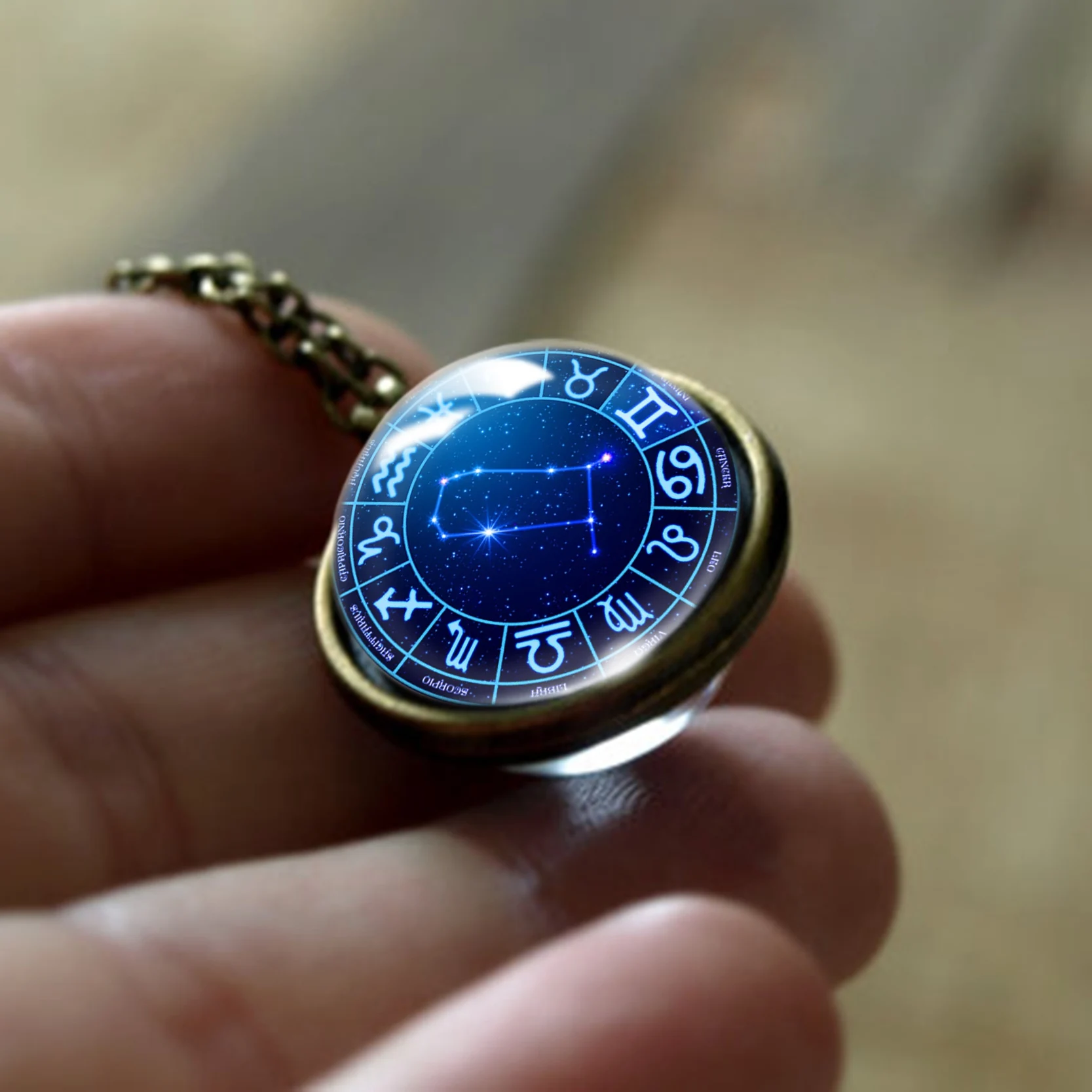 12 Зодиак двухстороннее стекло кулон ожерелье Лев Дева Телец Близнецы ожерелье со скорпионом 12 созвездий мужчины женщины ювелирные изделия - Окраска металла: Gemini