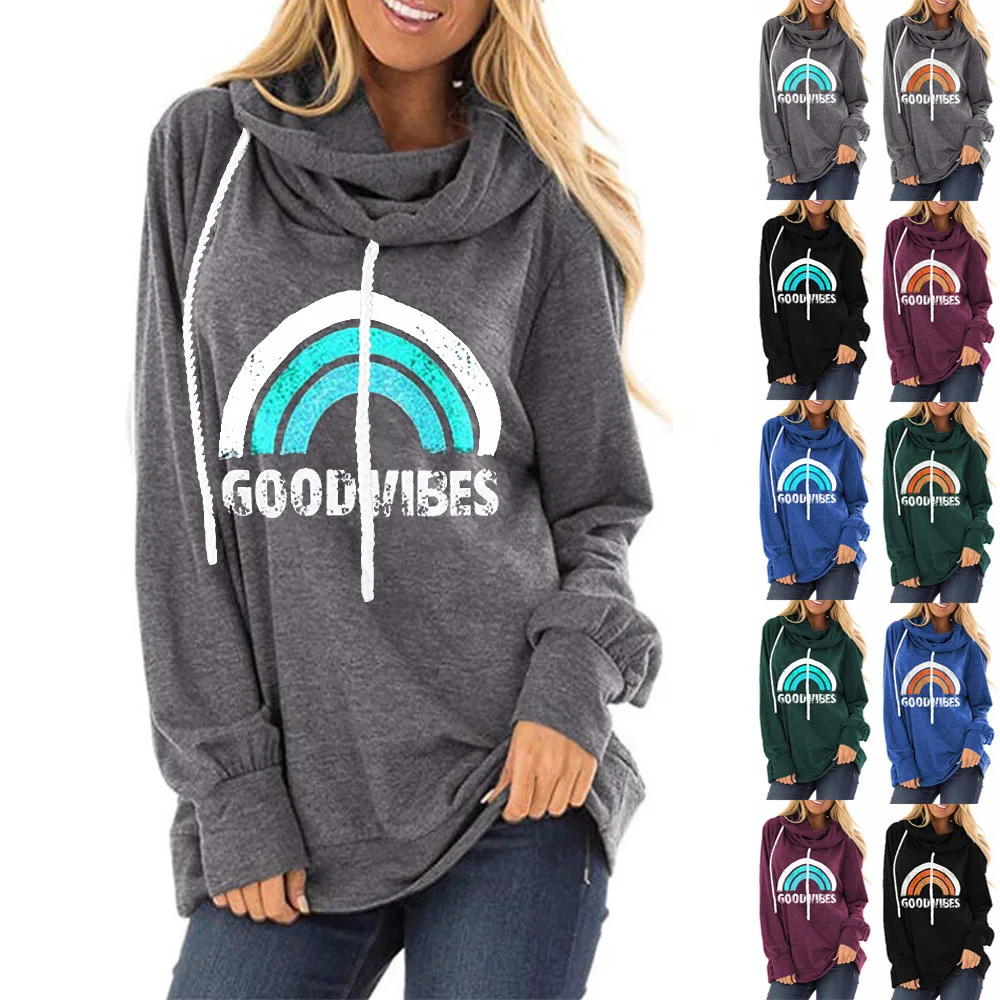 

GOOD VIBES Hoodies Womens Clothing 2020 Print Pullovers Plus Size Women Rainbow Print Sweatshirt Kawaii Korean