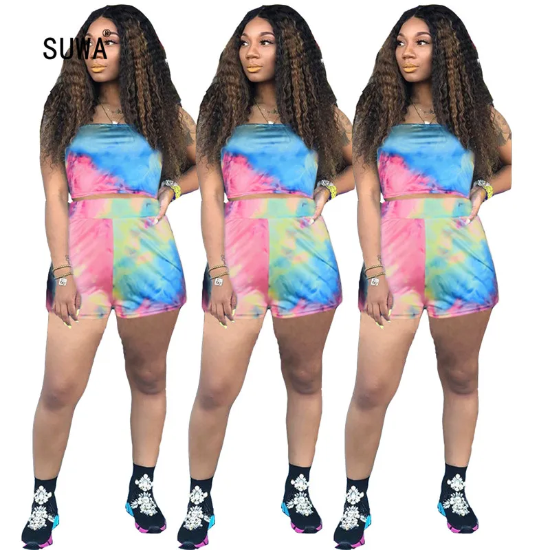 

Женский спортивный костюм с разноцветным принтом, повседневный укороченный топ без рукавов и шорты, без бретелек