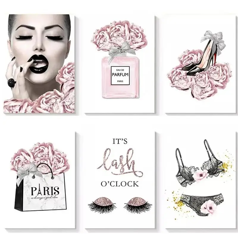 

DIY diamond painting fashion wall art, beauty lipstick high heels pink flowers fashion rhinestone picture shopping