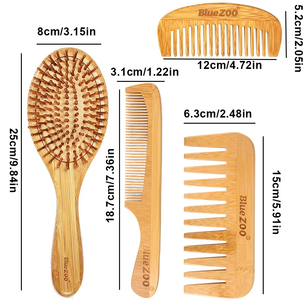 

Wood Combs Set Healthy Paddle Bamboo Hair Brush Set Natural Wooden Comb for Hair Massage Eco-friendly suit for Adult Kids 4PCS