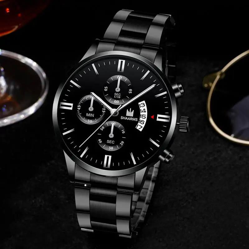 Мужские Роскошные черные спортивные часы с ремешком из нержавеющей стали
