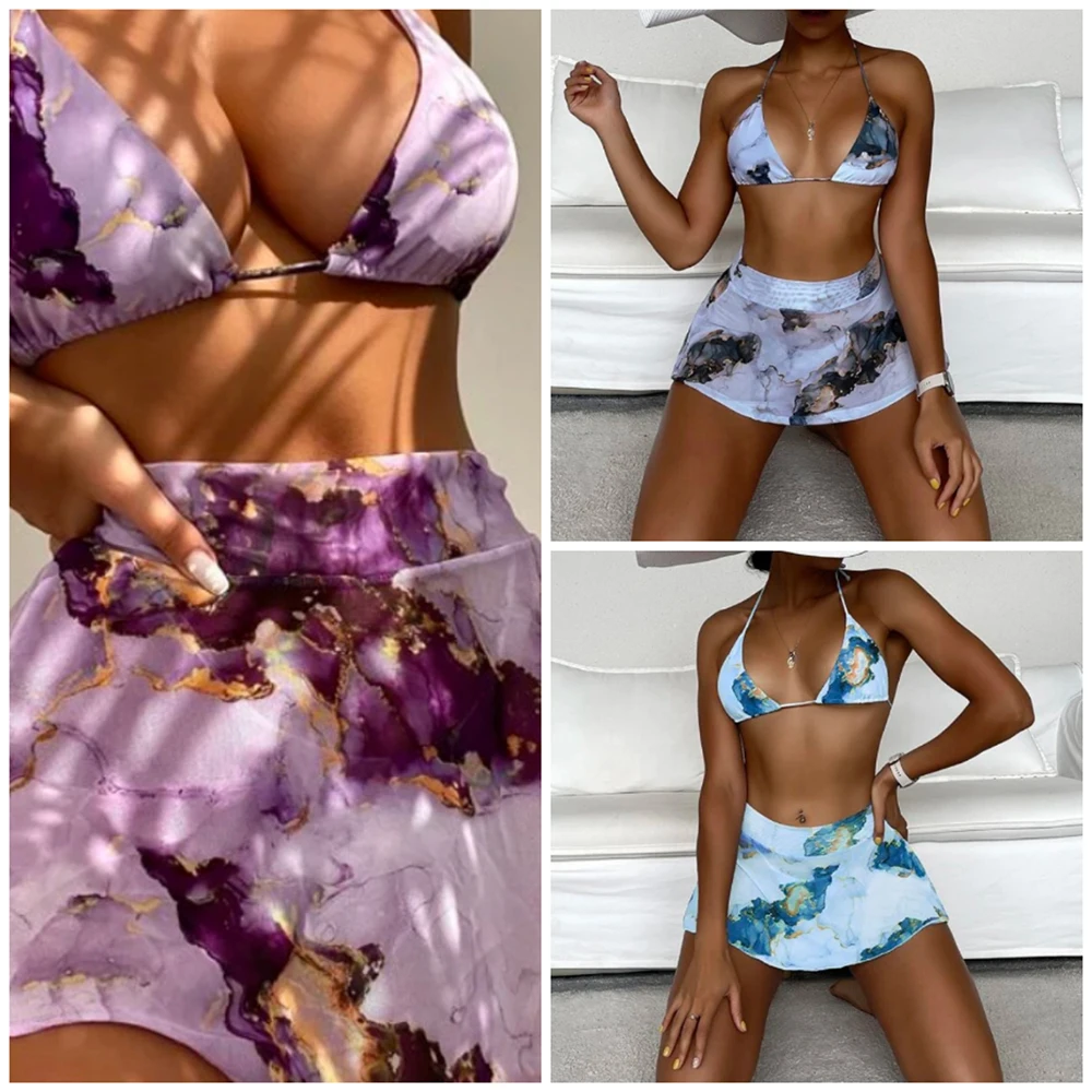 

2022 Summer New Arrival Women Sexy Three Piece Swimsuit Bikini Set Drawstring Marble Print Swimwear Bathing Suit Beachwear