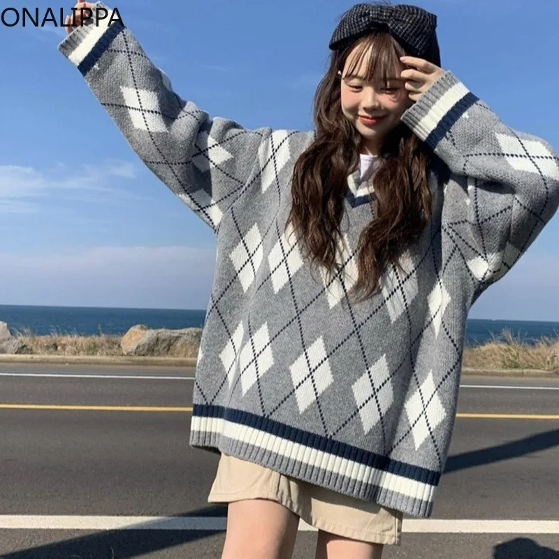 

Женский пуловер Onalippa сезона осень-зима 2021, элегантный свободный трикотажный японский пуловер с длинными рукавами и V-образным вырезом