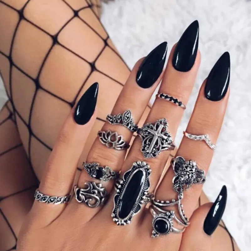 

Trendy 12 Pcs/set Retro Hollow Lotus Animal Elephant Geometric Black Gemstone Rings Set for Women Joint Ring 2021 Jewelry