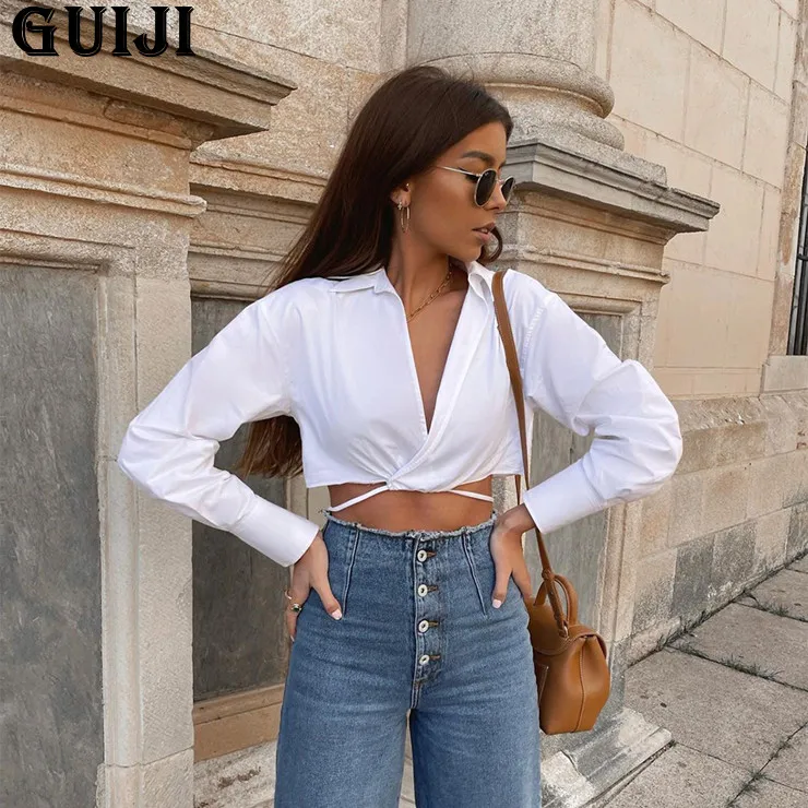 

【GUIJI】Ready Stock 2021 Surplice Cropped Shirt Women WITH TIES Long Sleeves Casual Chic Lady High Fashion Blouses Women Tops