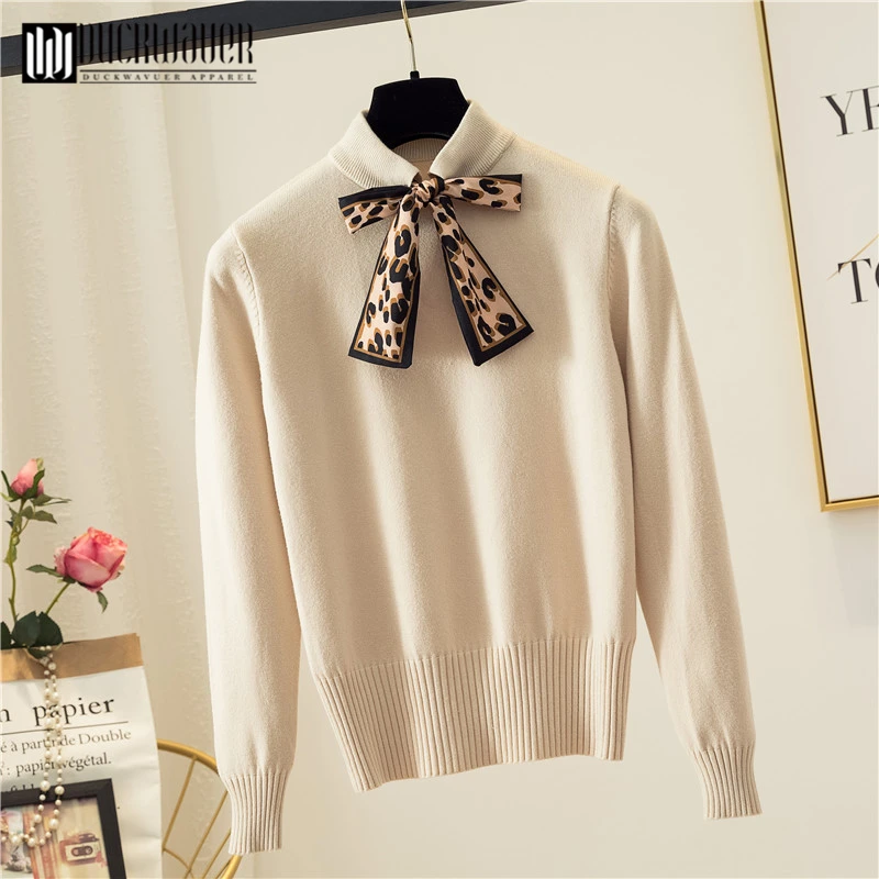 Duckwaver Autumn Winter Women's Sweater Leopard Bow Tie Scarf Slim Long-Sleeved Women Knitted Turtleneck | Женская одежда