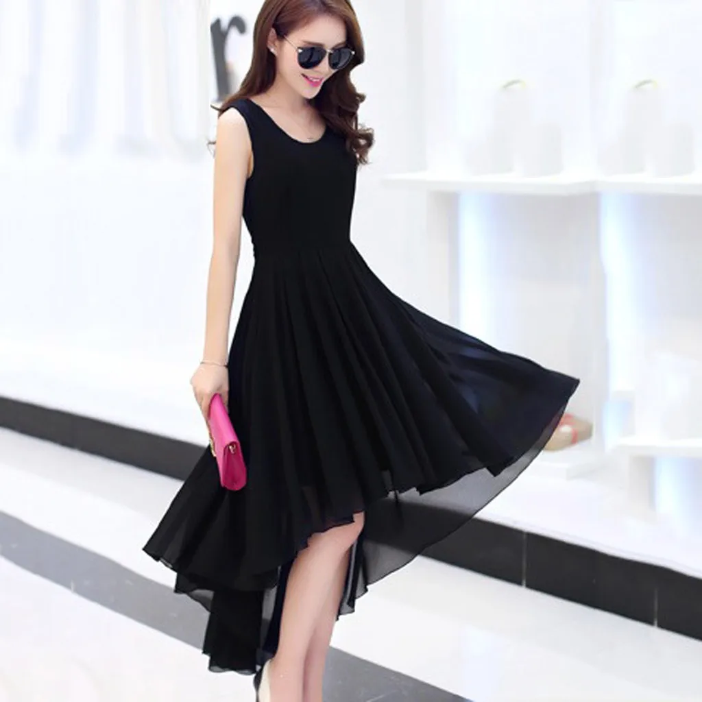 2019 женское летнее платье сексуальное без рукавов с асимметричным подолом