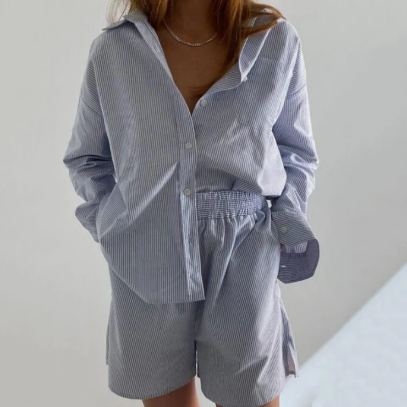 

2021 NEW Summer Short Sets Women 2021 Long Sleeve Shirt Pajamas Blue Striped High Waist Shorts Mujer Two Piece Set