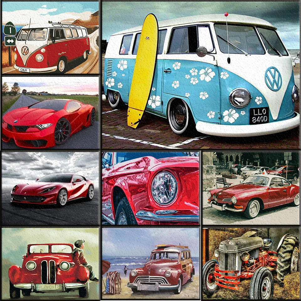 

DIY Paint By Numbers Bus And Car Series 40*50 Seaside Retro Bus Still Life Canvas Oil Painting Weed Decoration Art Picture Gift