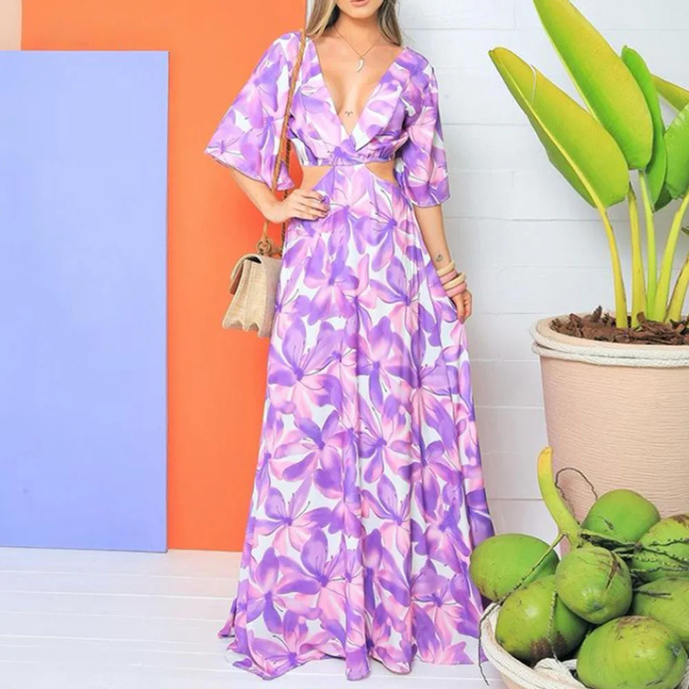 

Bohemian Fashion Vacation Printing Sandy Beach 2021 Summer Women's Dress Loose Casual Hollow Out V-neck Flared Sleeves