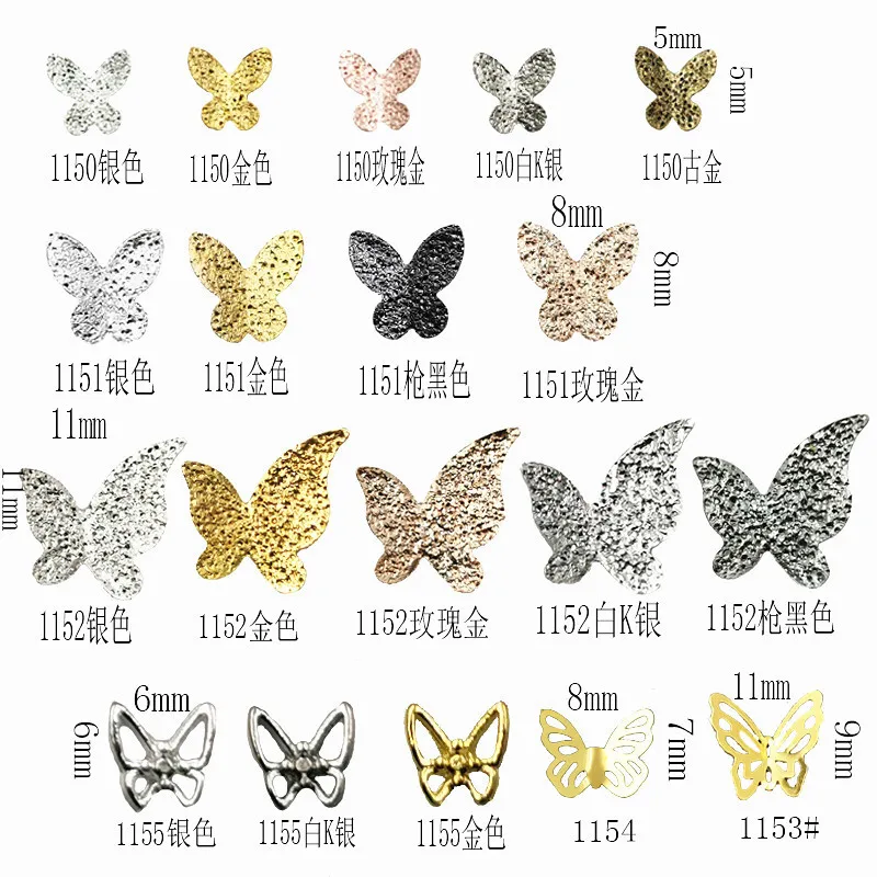 

100Pcs 3D Nail Art Decoration Silver, Rose Gold Butterfly Alloy Rhinestone Gems Crafts