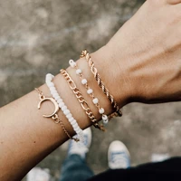 5 pcs set new vintage white bead chain bracelet for women thick chain moon pendant charm bracelet bangle 2021 party jewelry