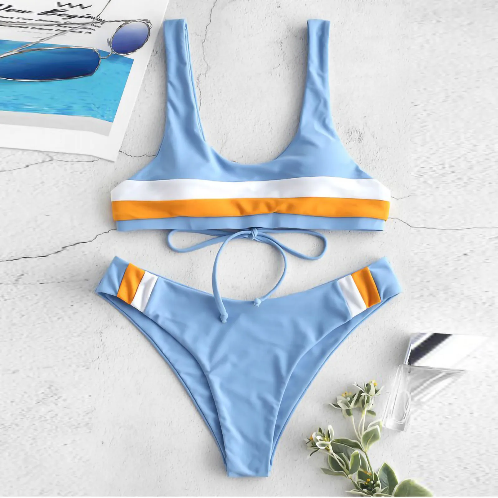 

Woman swimsuit suit sexy multicolor stitching strap high waist split swimsuit bikini print beach suit кђпалник женский 40*