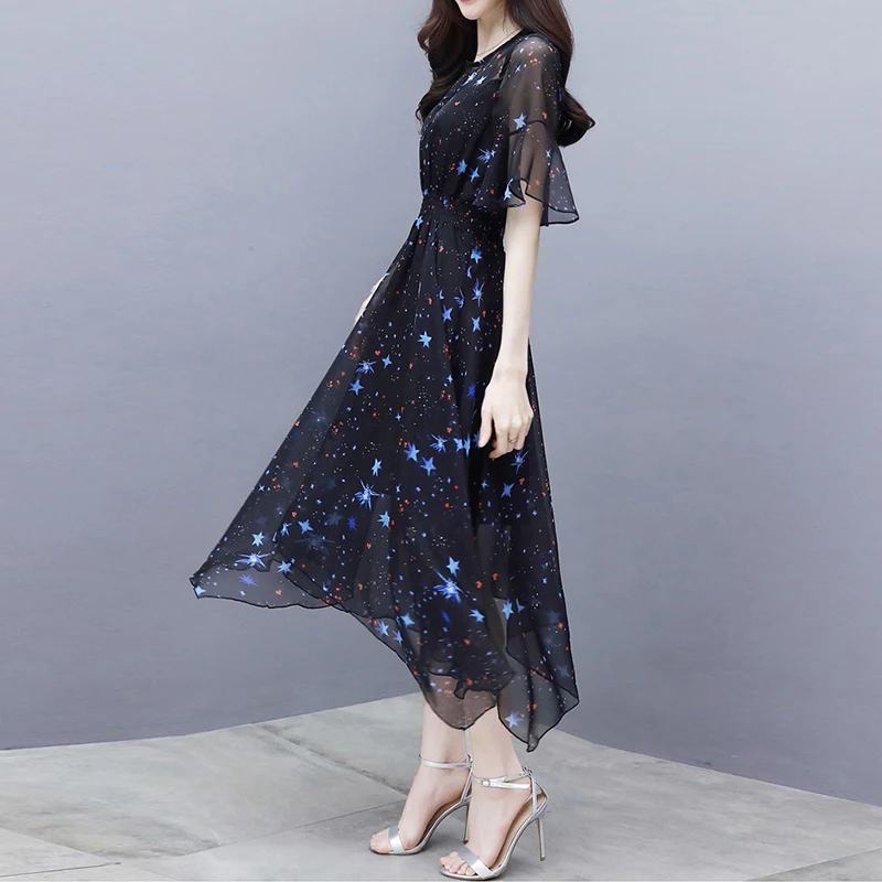 Женское шифоновое длинное платье с оборками элегантное принтом звезд весеннее