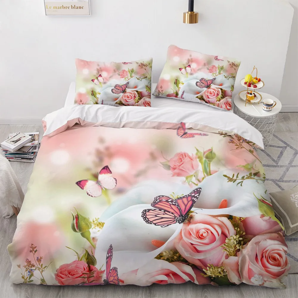 

3D Bedding Set Custom Single Double Queen Size 3PCS Duvet Cover Set Blanket/Quilt Pillow Case Pink Flowers Bedclothes