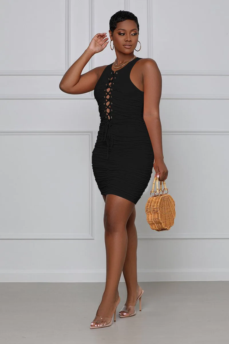 

Women Dress Solid Sleeveless Bandage Hollow Out Sheath O-neck Dresses Sexy Night Club Night Dress Fashion Outfit
