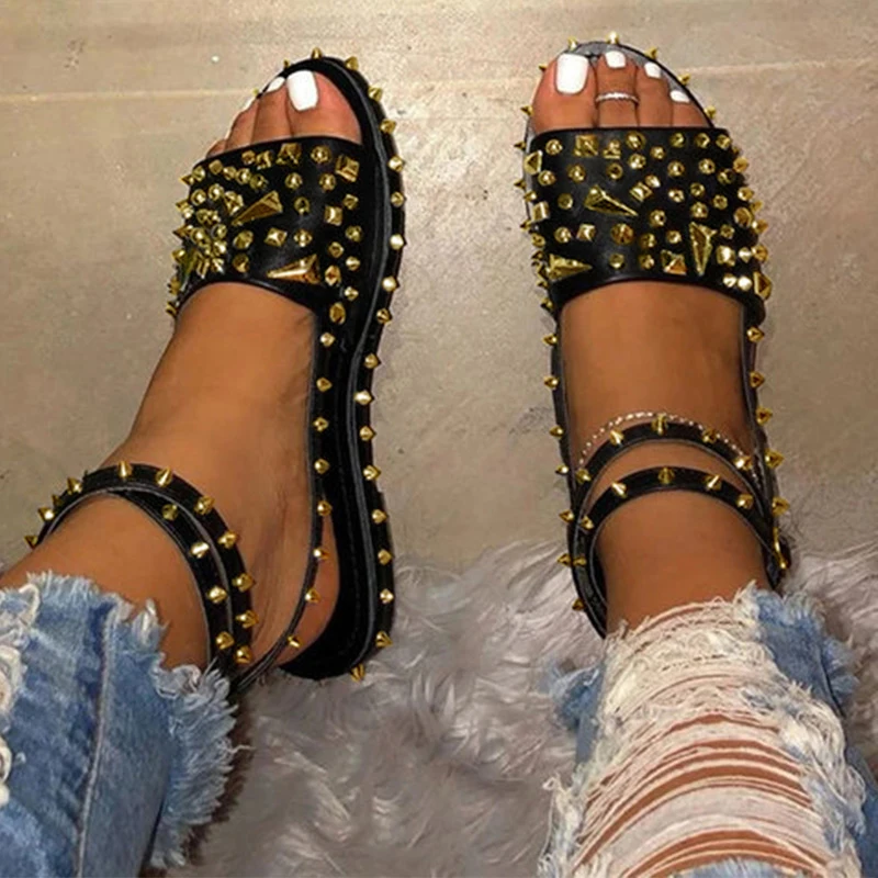 Женские босоножки с заклепками женские прозрачные летние туфли на плоской