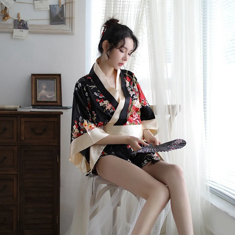 Женское атласное кимоно с цветочным принтом шелковое сексуальное нижнее белье