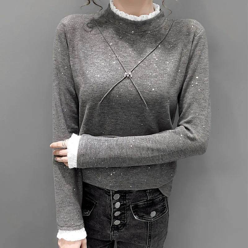 

Sister Fara New Autumn Turtleneck Lace Blouse For Women Patchwork Thicken Long Sleeve Winter Chiffon Shirt Female Solid Blusas