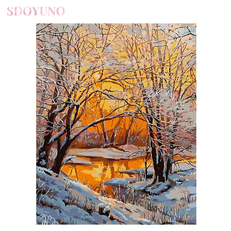 

Акриловая живопись по номерам SDOYUNO с рамкой для взрослых, рисование по номерам на тему заката снега, пейзажа, акриловые краски для рисования,...