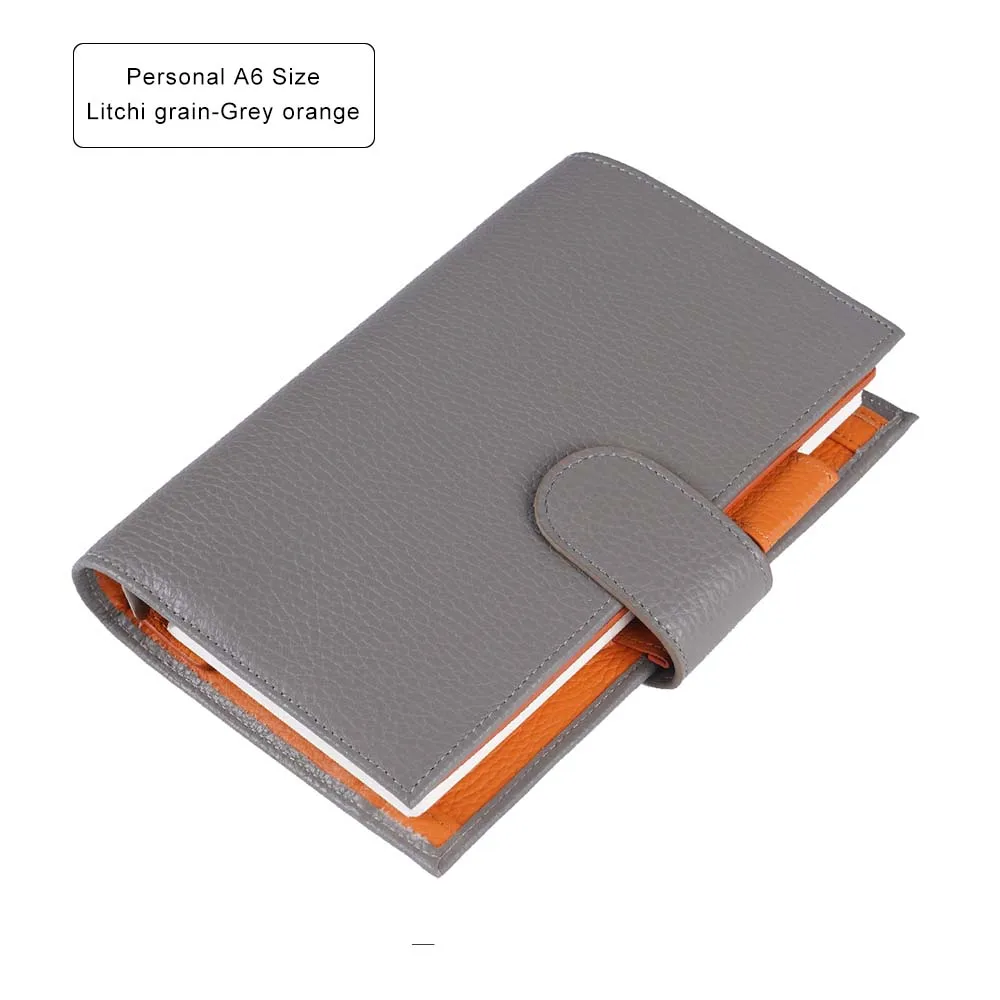 Litchi Grey Orange Натуральная кожа блокнот Органайзер связующее кольцо планировщик Обложка персональный Размер А6 дневник альбом для зарисовок с большим карманом - Цвет: Litchi Grey Orange