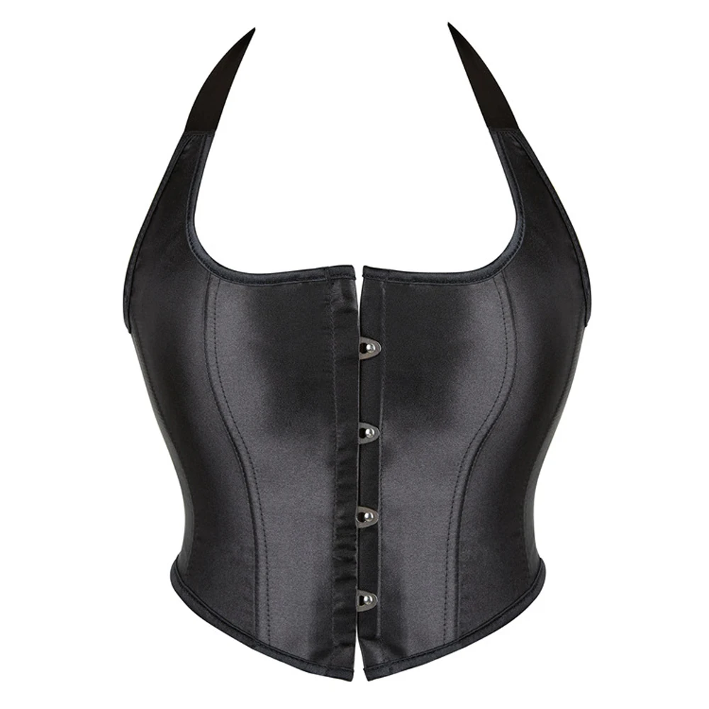 

Sexy Womens Halter Black Satin Overbust Short Corset Gothic Clothing Lingereie
