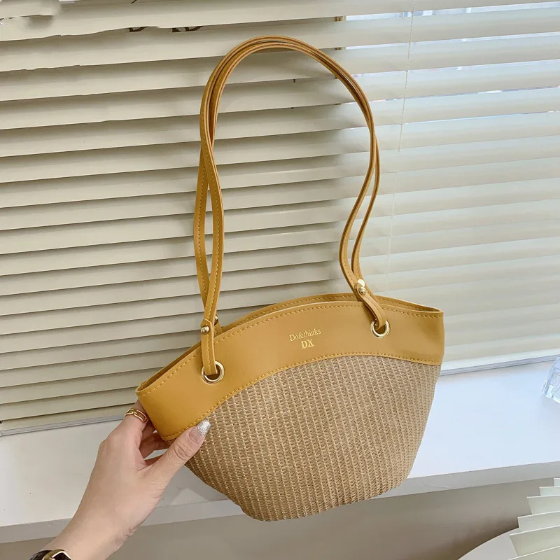 

Summer Straw Splice Pu Leather Shoulder Shell Bags For Women Casual Handmade Large Capacity Handbags Ladies Woven Beach Totes
